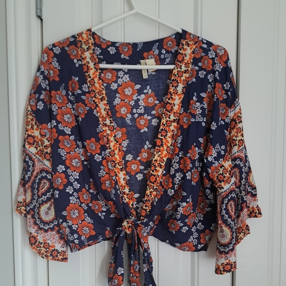 JAPNA bohemian floral flowly orange blues shrug tie shirt top M - Picture 4 of 11